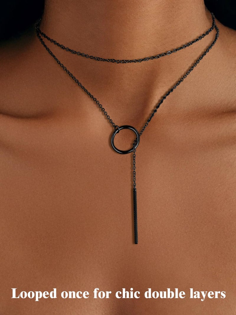 FOCALOOK Long Black Necklaces for Women Drop Bar Pendant Larait Y Necklace 28inch/73cm - Image 2